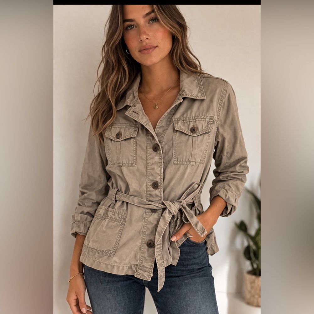 Liz Claiborne Belted Utility Jacket Taupe Safari Lightweight Coat Medium